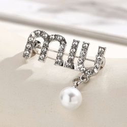 Silver MiuMiu Crystal & Pearl Brooch Pin