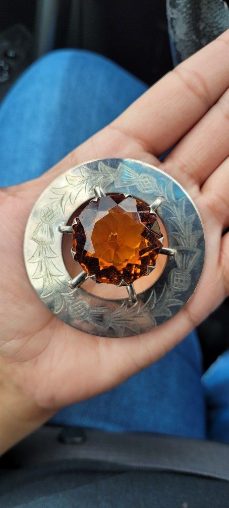 Early 1900s Antique Scottish Cairngorm Brooch With Large Stone