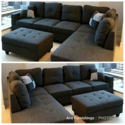 Brand Charcoal Gray Linen Sectional With Storage Ottoman 