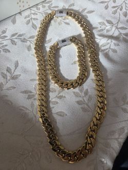MEN'S 14MM SOLID 14K GOLD PLATED CUBAN LINK NECKLACE 22" AND BRACELET 9"