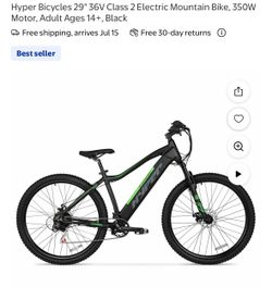 Hyper Bicycles 29" 36V Class 2 Electric Mountain Bike, 350W Motor, Adult Ages 14+, Black