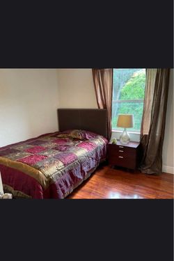 $40 Full‑Size Upholstered Bed with Nailhead Trim – Excellent Condition. Mattress included