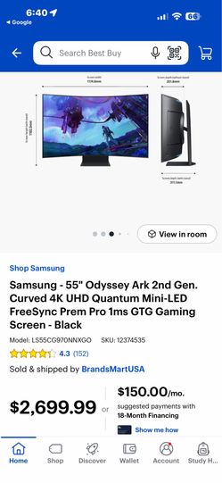 Samsung - 55" Odyssey Ark 2nd Gen. Curved 4K UHD Quantum Mini-LED FreeSync Prem Pro 1ms GTG Gaming Screen - Black Model: LS55CG970NNXGO 7 4.3 （152） SK