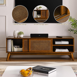 Mid Century Modern TV Stand for 65 inch TV, Entertainment Center with Rattan Cabinet Doors and Solid Wood Feet, TV Console Table for Living Room, Brow
