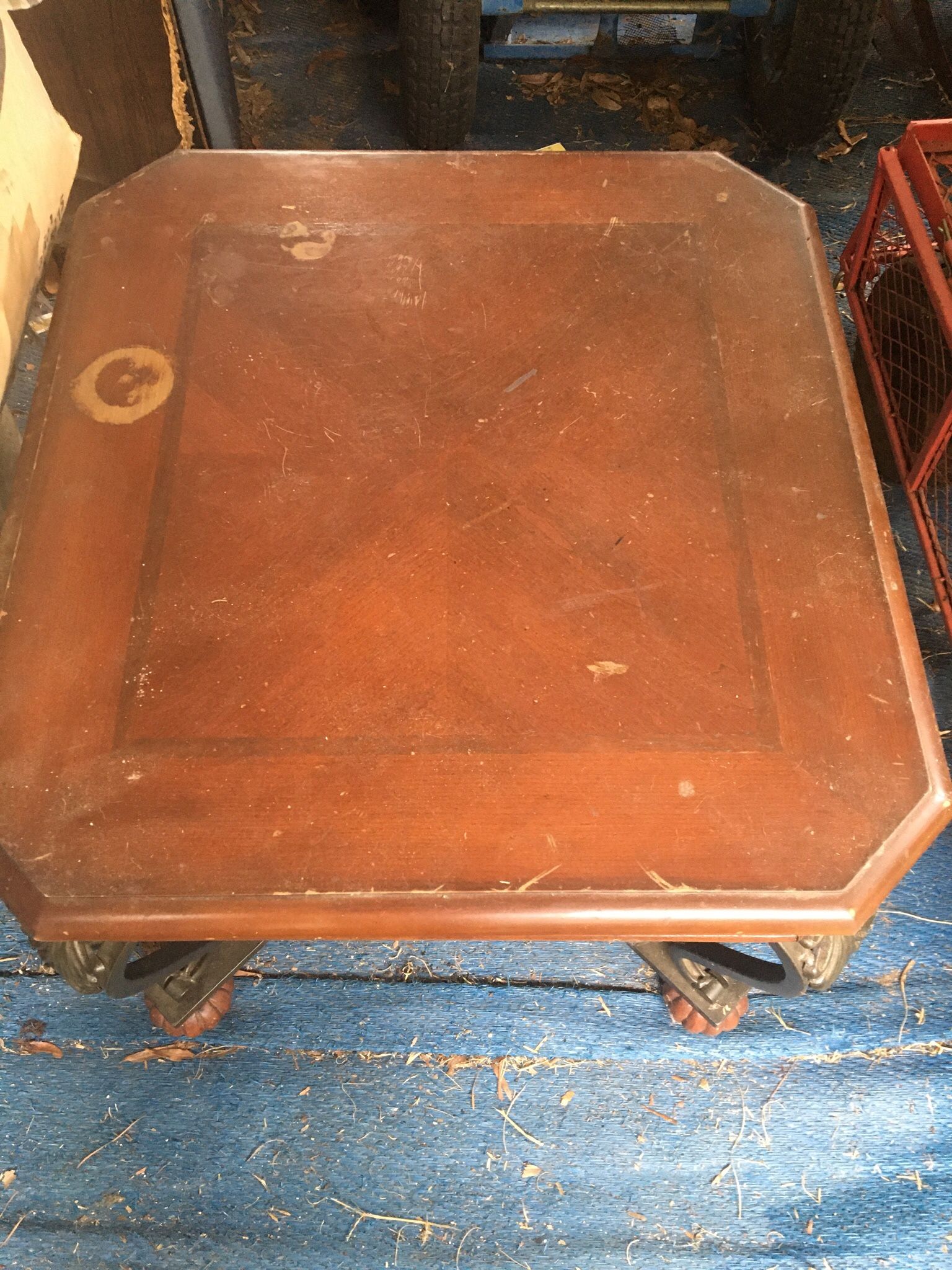 Square Table. With Gorgeous Metal Legs But Table Has Ring Around The Glass Ware Marks. And 2 Cloth Bar seats