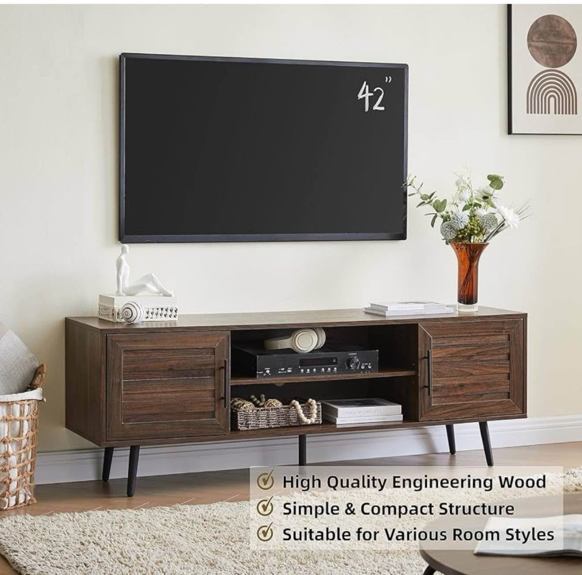 Modern TV Stand for 65" TV, Wood TV Stand with Storage Cabinet and Open Shelf, Entertainment Center, TV Console Table for Living Room, Dar