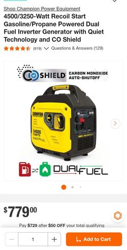 Champion  4500/3250-Watt Recoil Start Gasoline/Propane Powered Dual Fuel Inverter Generator with Quiet Technology and CO Shield