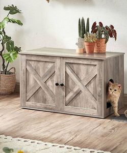 Cat Litter Box Enclosure, End Table, 31.5 x 20.9 x 19.7 Inches Litter Box Furniture Hidden with Removable Divider, Indoor Cat House, Greige, HAINS Col