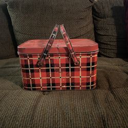 Vintage Red Tartan Plaid Metal NESCO Picnic Basket Double Handle