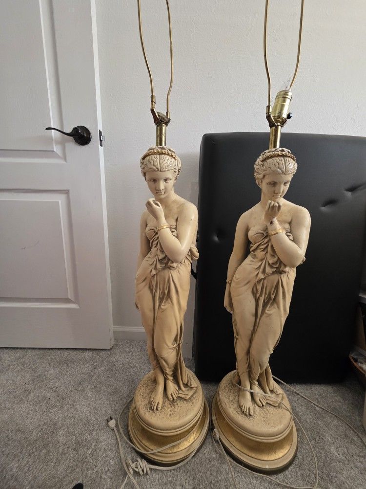 Pair of Greco Roman Muse Goddess Fountain Woman Chalkware Lamps