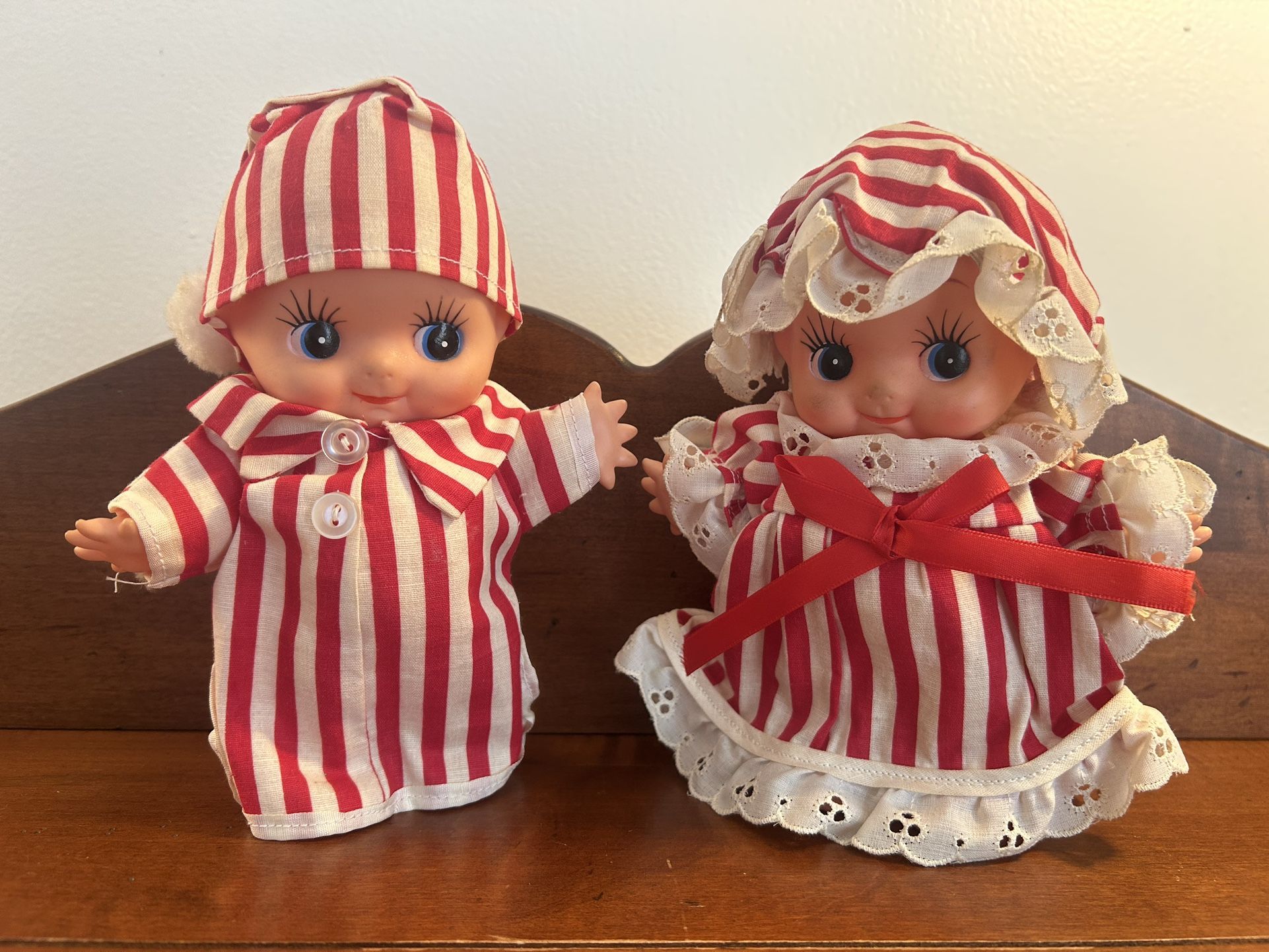 Pair of Vintage Kewpie Dolls with Holiday Pajamas about 7.5” x 5.5”