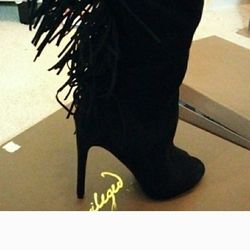 Black Fringe Knee High Open Toe Boots