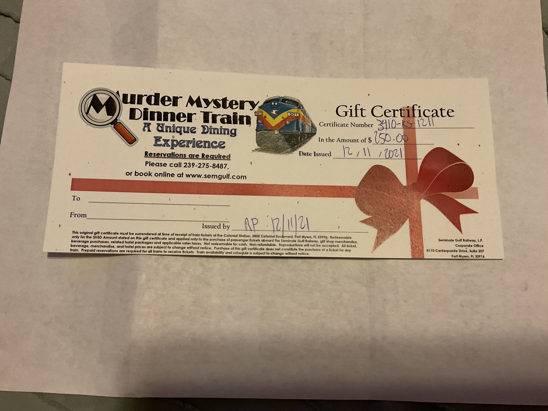 Murder Mystery Train Gif Certificate 