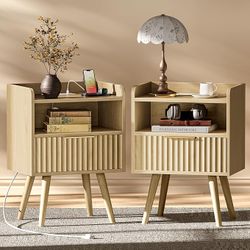 Huuger Nightstand with Charging Station, USB-C Port, Fluted Night Stand Set of 2, Bed Side Table