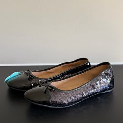 SO Roselyn Girls 5 Ballet Flats Black Silver Reversible Sequins Memory Foam