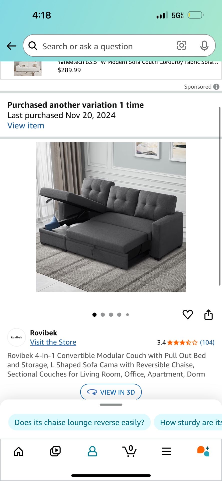 4-in-1 Convertible Modular Couch with Pull Out Bed and Storage,
