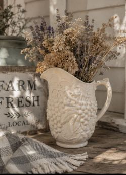 Vintage Cottagecore Ceramic Grape Pitcher | Pearl & Pink Pastel Glaze