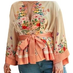 Clasi Plus Floral Print Flounce Sleeve Belted Blouse