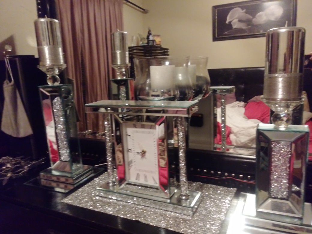 Crystal mirror clock and 2 piece candle holders
