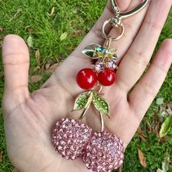 PINK & RED Triple Cherry Cluster Purse Charm | New Handmade Keychain 