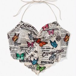 Butterfly & Newspaper Print Bandana Halter Top LARGE (8/10)