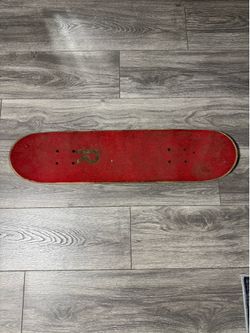 Mini Logo Red Skateboard Deck, Black Logo Graphic Design