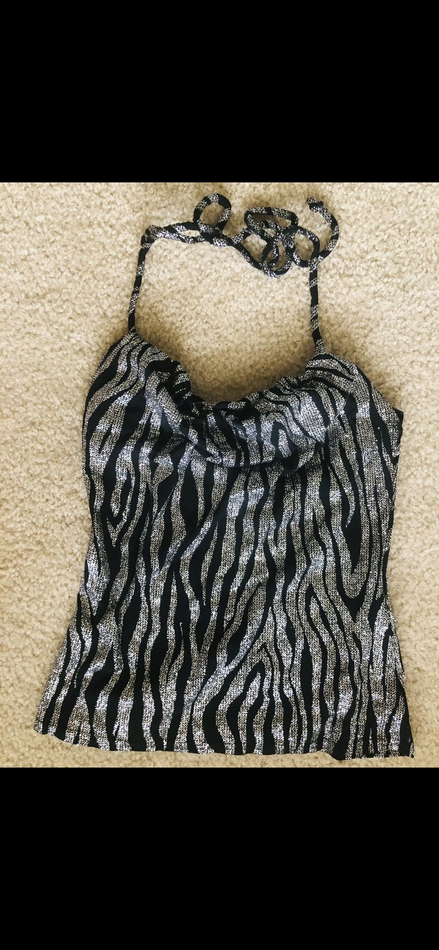 women girl medium tank Misdemeanor top dressy party black zebra-print  glittery slinky halter top tank top