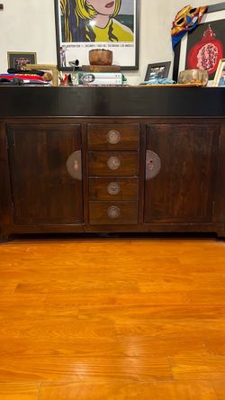 Ming style, dark wood side board/buffet. Solid and heavy