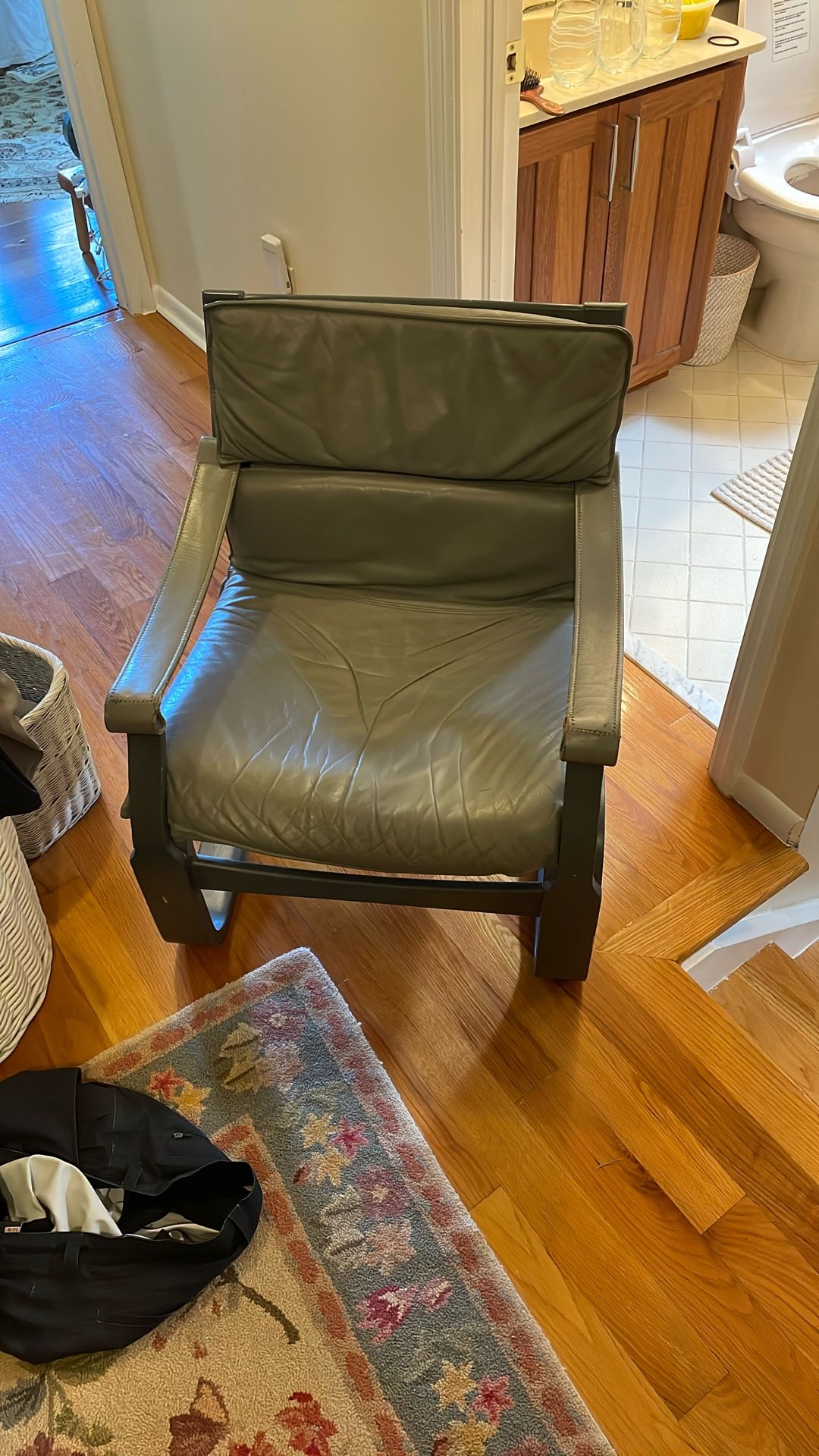 Large Grey Leather And Wood Mid Century Vintage Chair