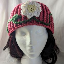 Crochet Dark Pink Beanie with White Flower and Green Vine Applique