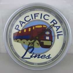 Pacific Rail Lines Railroad Train Collectible Wall Clock Glass Lens Works!
