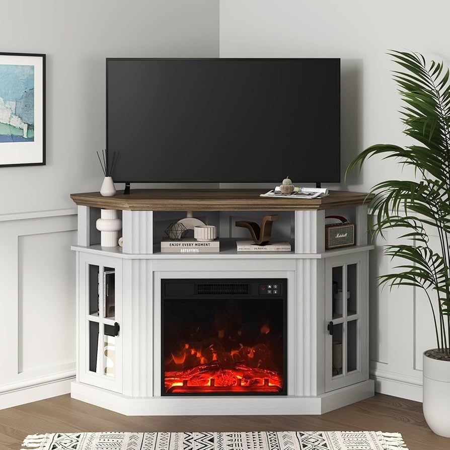New Corner Fireplace TV Stand for TVs up to 55 inches with Storage Cabinets, Entertainment Center, Media Console for Living Room, Bedroom, White New