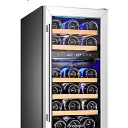 AAOBOSI 【Upgraded 15 Inch Wine Cooler, 28 Bottle Dual Zone Wine Refrigerator with Stainless Steel Tempered Glass Door,Memory Function, Fit Champagne B