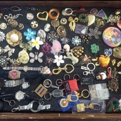 Assorted Costume Jewelry Lot 80+ Silver/Gold Tone Brooch Pins/Watches/Keychains + 8 Butterfly Pins