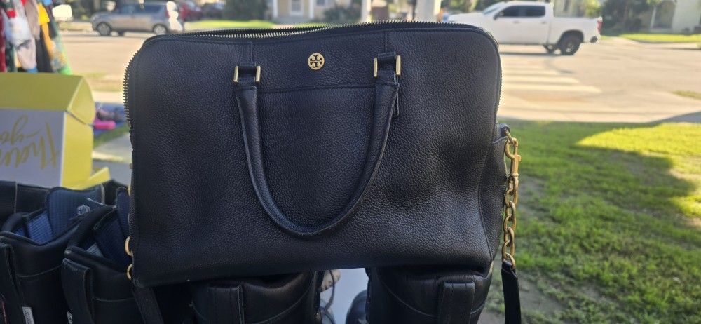 Tory Burch Georgia Pebbled Double Zip Satchel Bag Tote Handbag Purse.