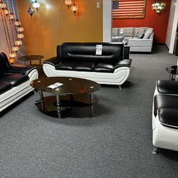Brand New Leather Black And White 3pc Sofa, Love Seat And Chair