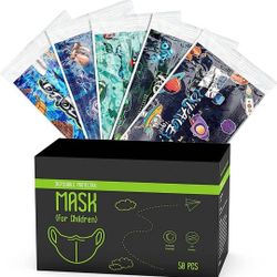 50x Kids Individually Wrapped Disposable Face Masks, Assorted Print 3-Ply Breathable Non-woven Comfortable Face Masks