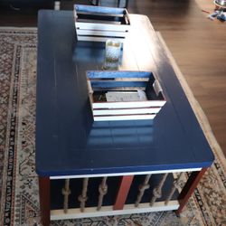 Sedona Shabby Chic Rolling Large Living Room 4’ X 2’ Coffee Table Blue Cream and Rust Orange On Wheels