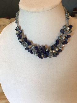 Navy, silver, and pearl beaded choker.