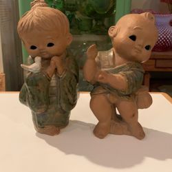 Vintage Toyo Japanese Folk Art Clay Pottery Figurine Ceramic Small Boy & Girl