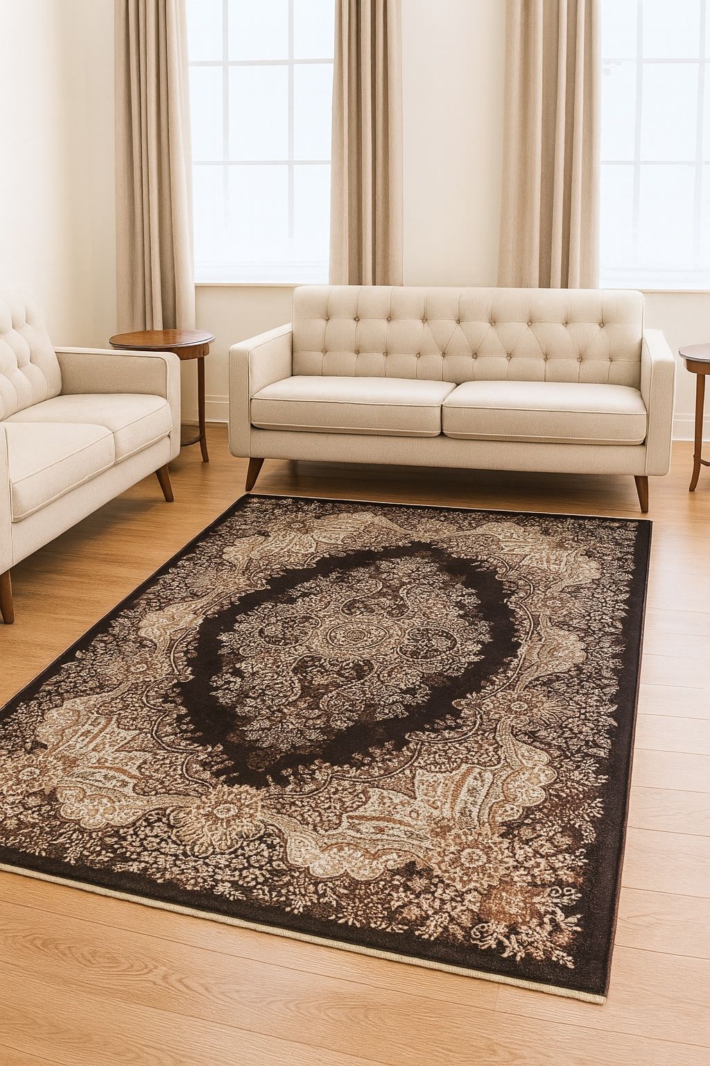 5x7 Silk Pile Brown Beige Persian Area Rug – Floral Medallion Design