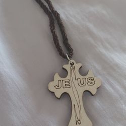 Wood Jesus Cross Necklace