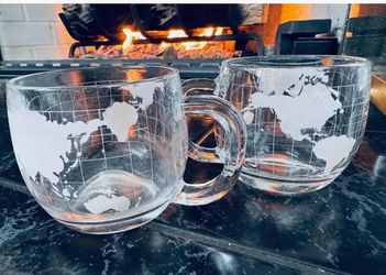 Vintage Nestle Set of 9 Clear Glass Mugs | Frosted World Globe Graphic | Thick Glass Coffee Cups
