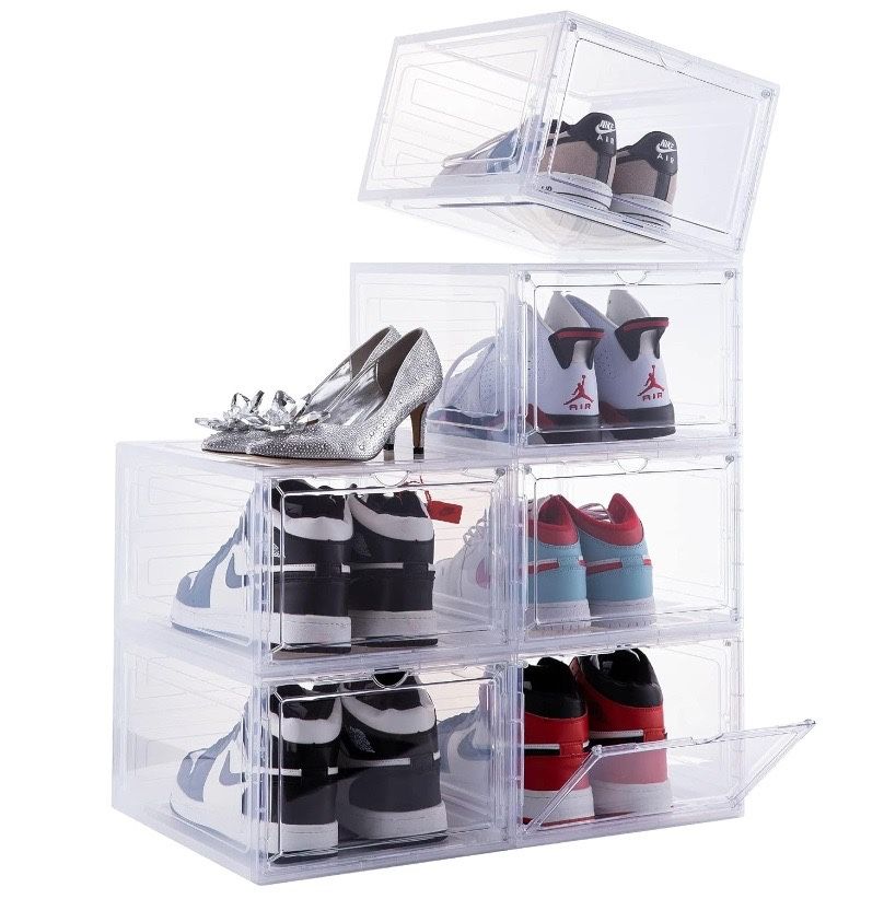 Upgrade Harder Solid Plastic Shoe Organizer, Shoe Storage with Magnetic Front Door, Set of 6 Stackable Storage Shoe Boxes, Fit up to US Size 12 (13.4”