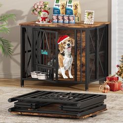 27.1”Assembly-Free Dog Crates for Small Dogs, Foldable Dog Kennel Indoor with Tag & Adjustable Dog Bowls, Wooden Dog Cage Use as End Table, Rustic Bro