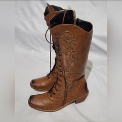 WomenFurwmen Block Chunky Heel Cowgirl Cowestern Knee High Boots Lace Up 36