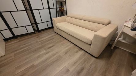 Beige Tufted Fabric Sofa with Adjustable Headrests