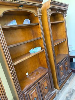 Pair of Ornate Wood Bookcases with Cabinet Base
