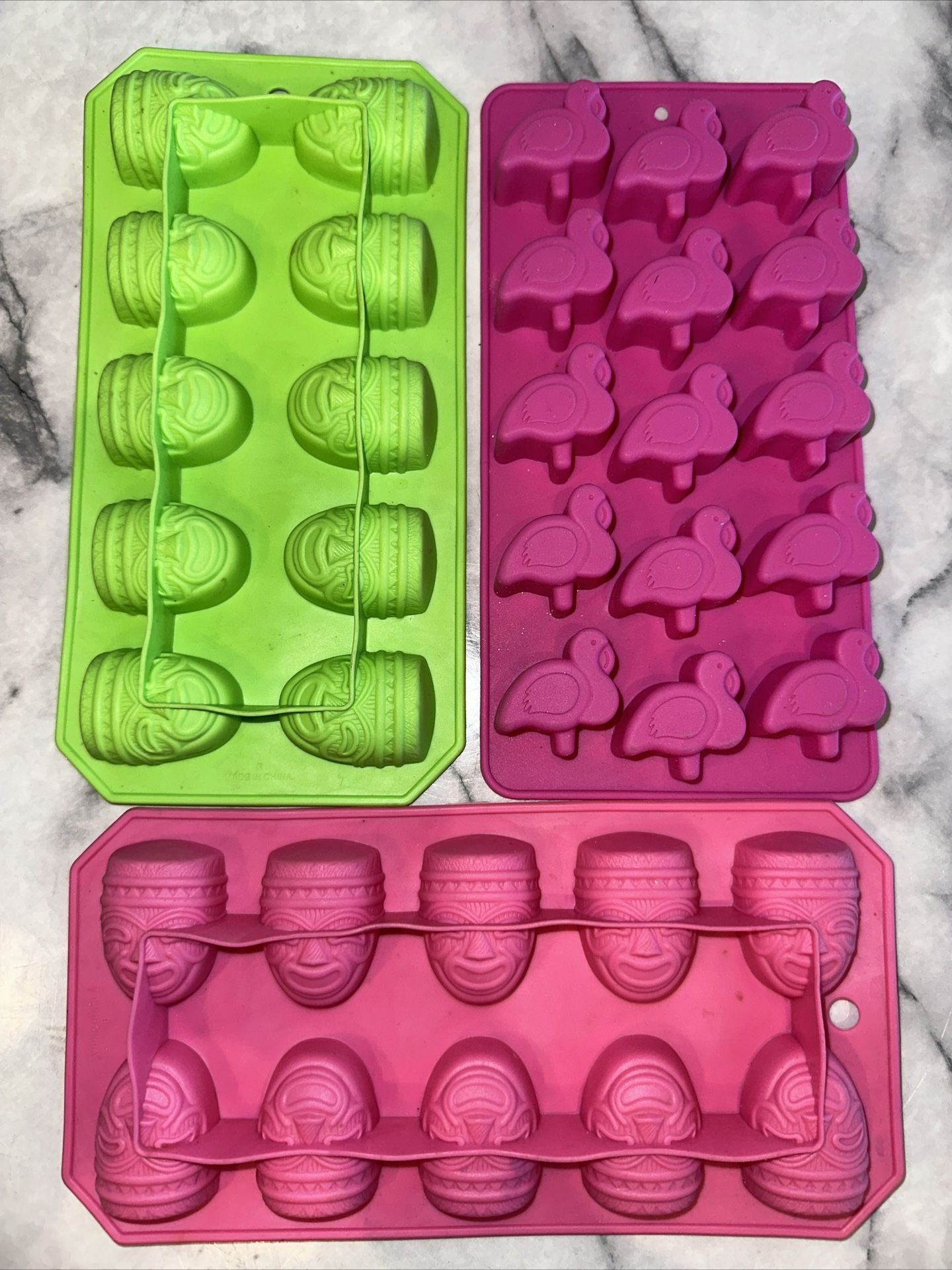 3 Silicone Molds Flamingos Tiki Masks Ice Cubes Tray Candy Chocolate Party