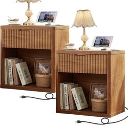 Fluted Farmhouse Nightstand Set of 2 with Charging Station, 23" Wide 1 Drawers Night Stand,Brown Dresser for Bedroom,Bed Side Table Chest of Drawers,W